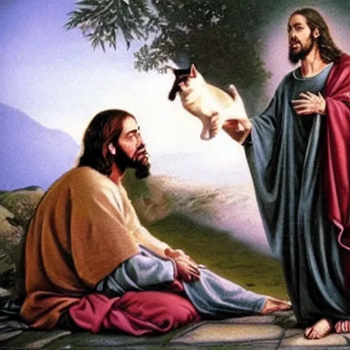 Image similar to realistic photo of jesus explaining the meaning of life to a cross - eyed cat,