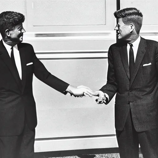 Prompt: president kennedy shaking hands with an alien from outer space