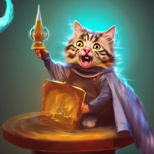 Image similar to wizard is laughing as a small cat, dynamic pose, chromatic aberration , medium level shot, comedy, fantasy, illustration, concept art,