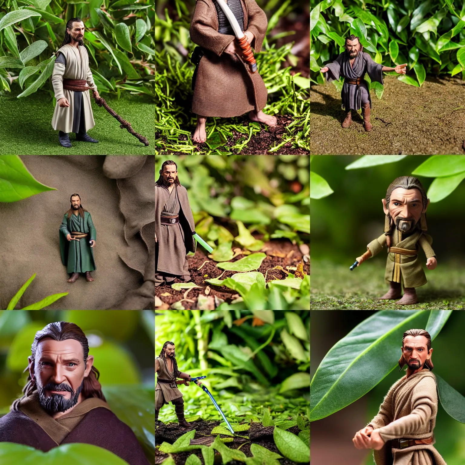 Prompt: Realistic miniature figure of Jedi Qui-Gon Jinn, accurate proportions, standing under a leaf in the garden, macro photography