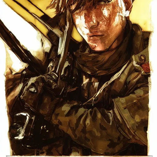 Image similar to portrait of a young white hero holding his sword next to his face covering his eye by yoji shinkawa, high quality, extra details, realism, ornate, colored, golden chain, blood, white skin, short hair, brown eyes, vivid, sunlight, dynamic, american man, freedom, white american soldier, painting