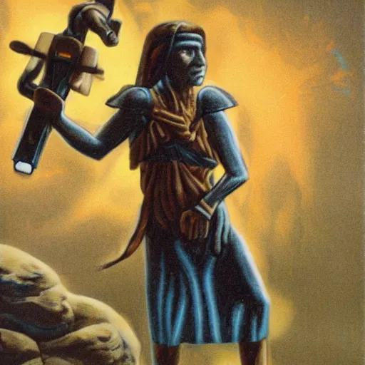 Image similar to photograph of a neolithic person holding a plasma rifle