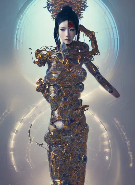 Image similar to portrait of a futuristic geisha cyborg, divine goddess, kintsugi, modern fine art, fractal, intricate, elegant, highly detailed, digital photography, subsurface scandering, by jheronimus bosch and greg rutkowski,