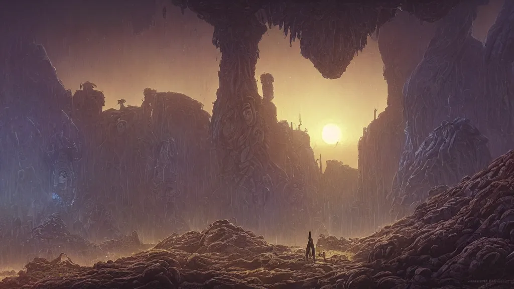 Image similar to eerie atmospheric alien planet with biomechanical plants and the ruins of civilization by les edwards and vincent di fate and anato finnstark, epic cinematic matte painting