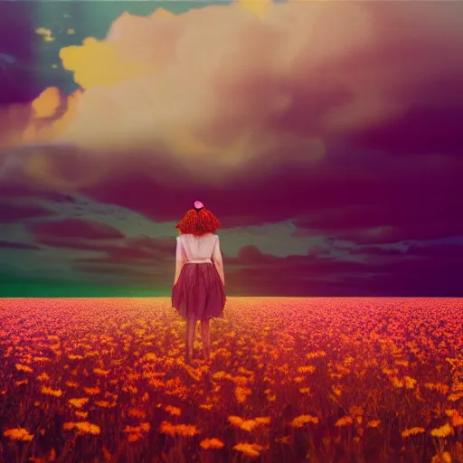 Image similar to woman with a flower head standing in flower field, surreal photography, photo manipulation, sunrise, impressionist painting, colorful clouds, artstation, simon stalenhag