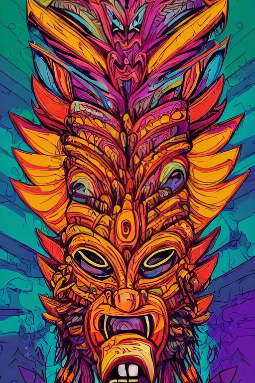 Image similar to totem animal mask tribal feather gemstone plant wood rock shaman vodoo video game vector illustration vivid multicolor borderlands comics by josan gonzales and dan mumford radiating a glowing aura