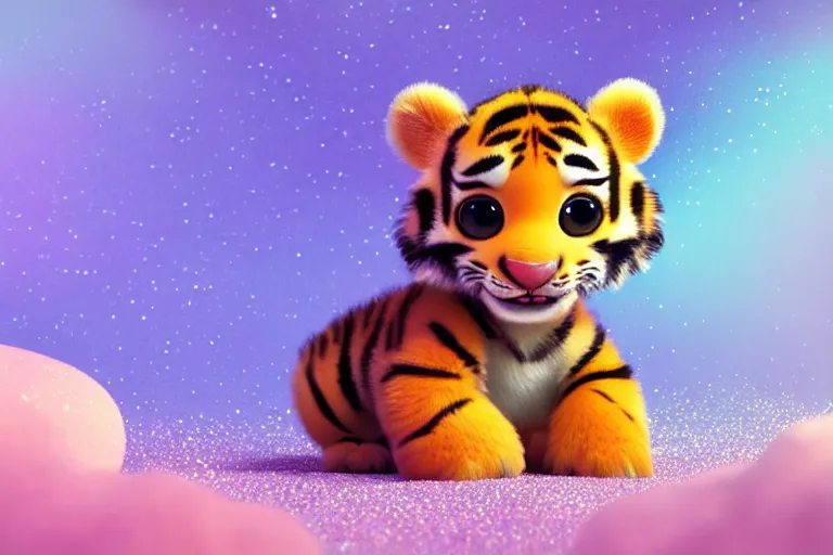 Image similar to a cute baby tiger cub, soft fur texture, pastel colours, colorful, glitter crystal, cute, pixar animation style, detailed, soft light, octane render, 4 k