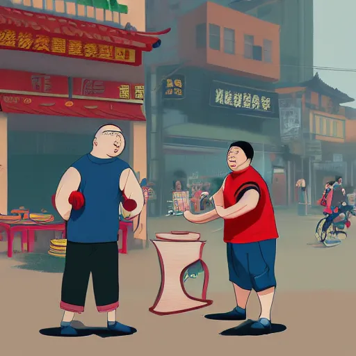 Image similar to A Chinese fat man is quarrelling with a Chinese local ruffian. The background is a watermelon stall on the street.,digital art,trending on artstation.