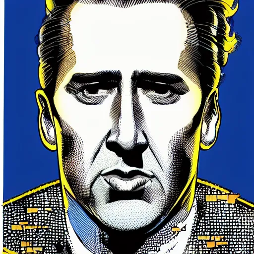 Prompt: dynamic macro head portrait of beautifu nicholas cage super hero in white sequined jacket by john romita sr and cory walker and ryan ottley and jack kirby and barry windsor - smith, comic, illustration, photo real