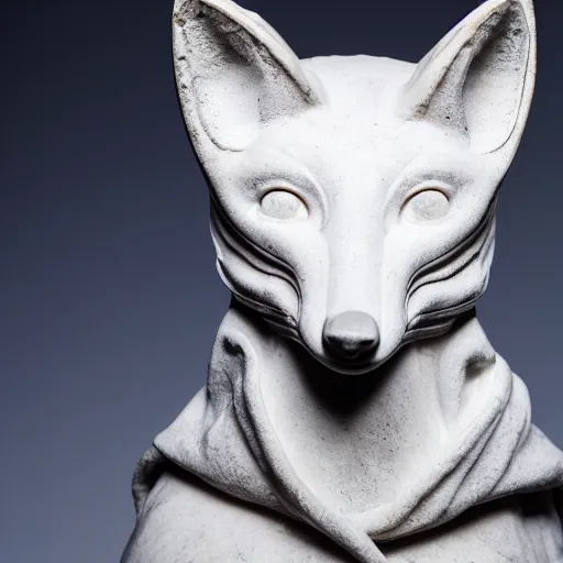 Prompt: close - up museum photo of an ancient white marble statue of a fox in a hoodie, greece, studio lighting, professional, promo,