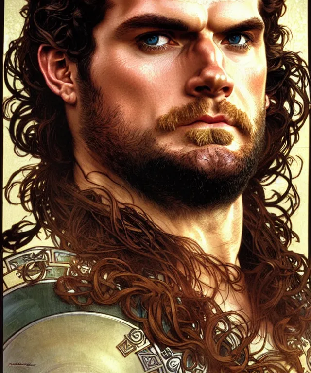 Prompt: realistic detailed head and shoulders portrait of henry cavill as a viking by alphonse mucha, ayami kojima, amano, greg hildebrandt, and mark brooks, male, art nouveau, neo - gothic, gothic