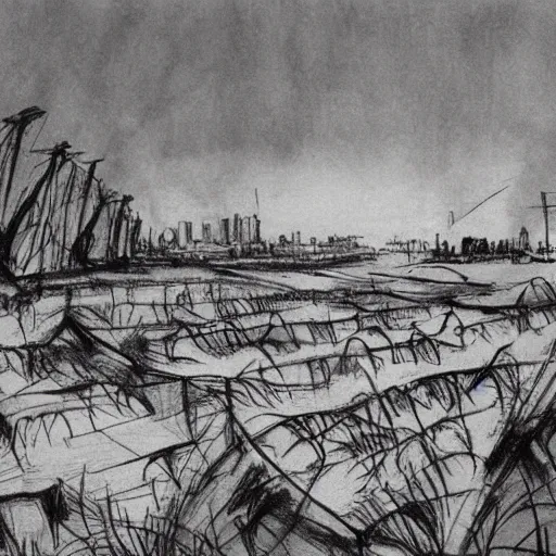 Image similar to milt kahl sketch of world war 1 trenches with the city of miami in the background