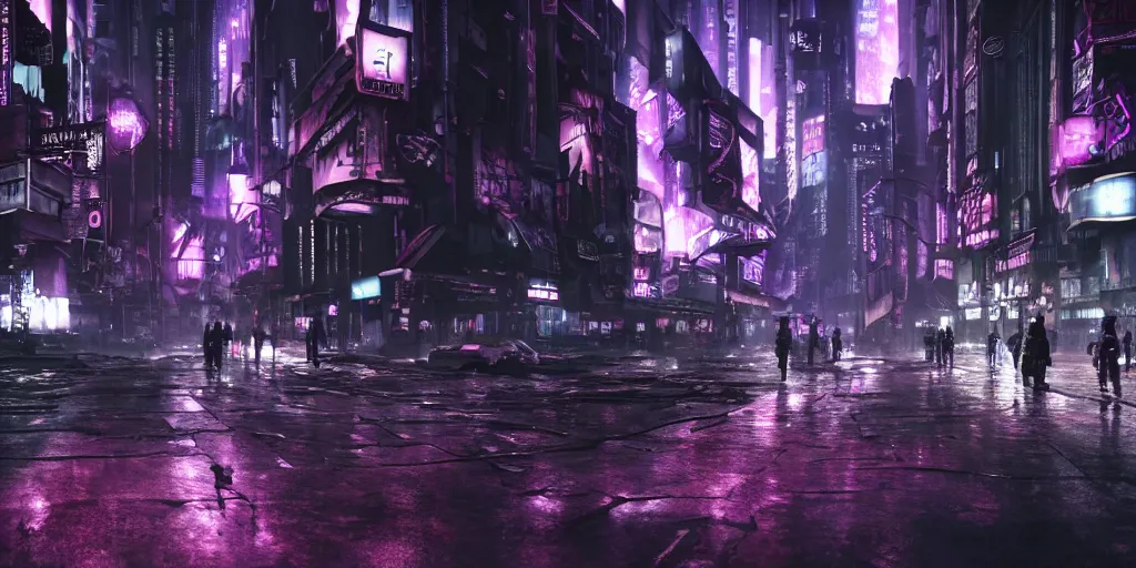 Image similar to uncanny valley, dark grotesque nocturne cyberpunk city, armed and dangerous, night, rain, purple neon lights, black, grey, white, realistic 4 k octane beautifully detailed render, 4 k post - processing, highly detailed, intricate complexity, epic composition, magical atmosphere, cinematic lighting, masterpiece, ultra hd