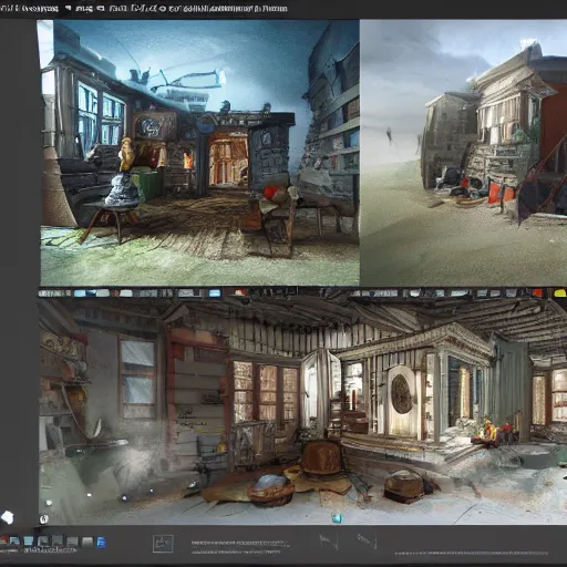 Image similar to An astonishing digital 2d 3d diorama of interior exterior visual development for a cutaway showing the set dressing and props for an incredible story with worldbuilding, render, artstation