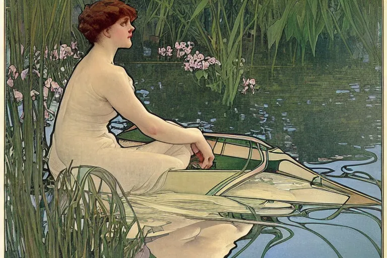 Prompt: woman sailing a model sailboat at the edge of a park pond. she is sailing a model sailboat. iris. art nouveau by alphonse mucha 1 9 2 4