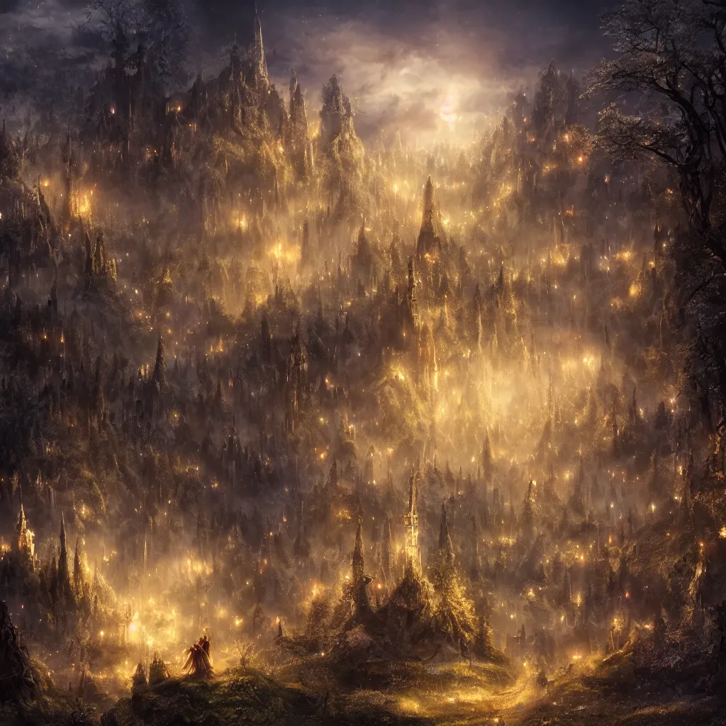 Image similar to kingdom of elves, outside of time and space, dreamy, romantic, night lighting, gorgeous lighting, dramatic cinematic lighting, intricate, highly detailed, 8 k