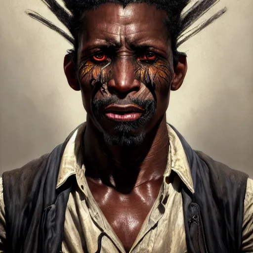 Prompt: portrait painting of a scarred african american man with cropped hair wearing a tattered and feathered coat, ultra realistic, concept art, intricate details, eerie, highly detailed, photorealistic, octane render, 8 k, unreal engine. art by artgerm and greg rutkowski and charlie bowater and magali villeneuve and alphonse mucha