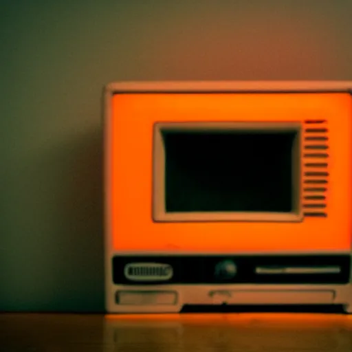 Image similar to low fidelity, low quality grainy image of a bright crt in a cluttered, claustrophobic orange room. the walls are closing in, the window to the digital soul stares intently