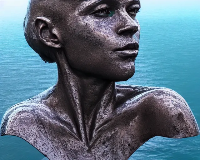 Image similar to a giant sculpture made out of of gelatin in a human head shape, on the surface of the ocean, in the style of chad knight, long shot, hyper detailed, hyper realistic, ray tracing, 8 k resolution, sharp focus, realistic water, award winning sculpture