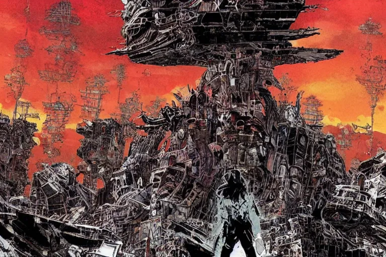 Prompt: no man's land, remnants of the human civilization, post-apocalyspe, a color illustration by Tsutomu Nihei and Katsuhiro Otomo