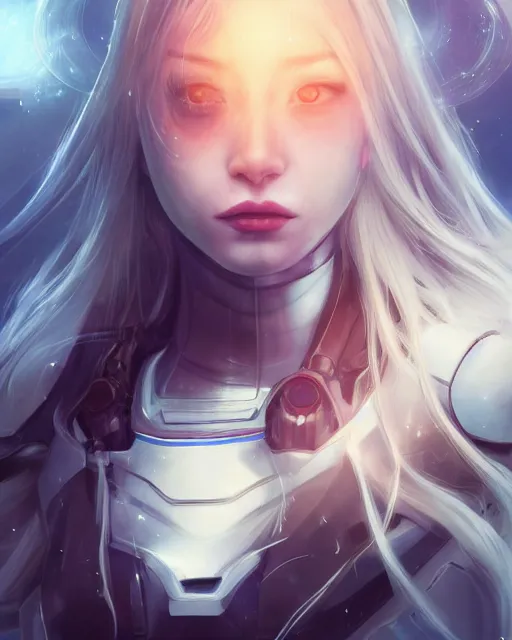 Image similar to detailed portrait of perfect android girl, warframe armor, beautiful face, scifi, futuristic, space station, laboratory, song hye - kyo, dreamy, long white hair, blue cyborg eyes, cinematic lighting, innocent, highly detailed, sharp focus, smooth, artstation, intricate, award winning, pure aura, divine, by akihiko yoshida