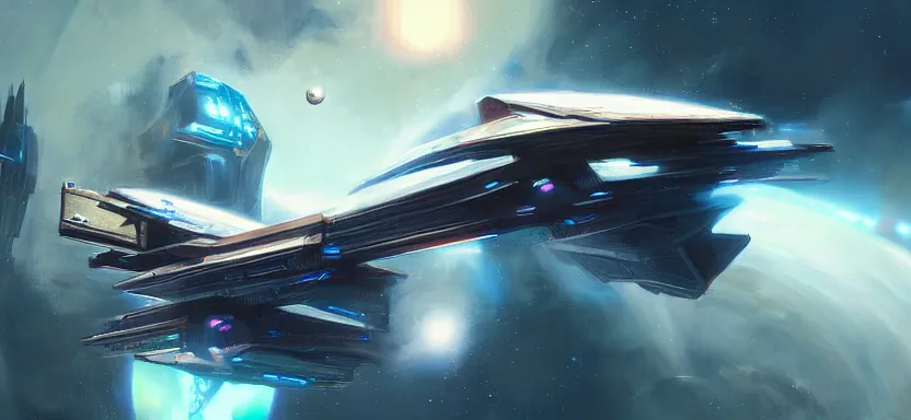 Prompt: beautiful masterpiece painting of spaceship in space, Gallante Thantos Carrier, cyberpunk, by juan ortiz 8k