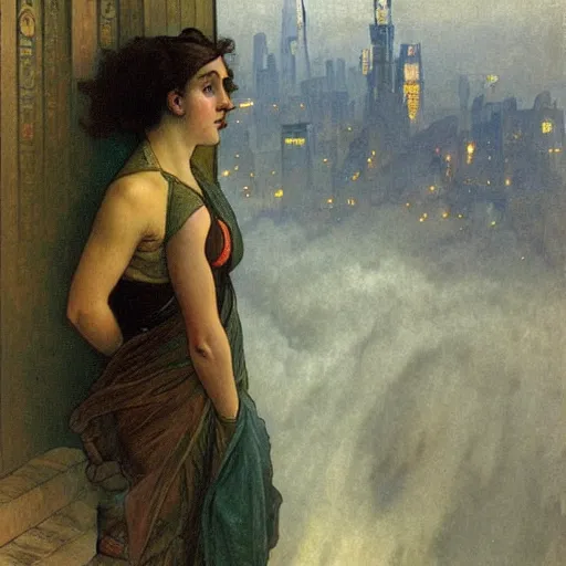 Image similar to “ a girl standing on a ledge looking down at a futuristic new york city below, fog, storm clouds, rain, detailed face, oil painting, by alphonse mucha ”