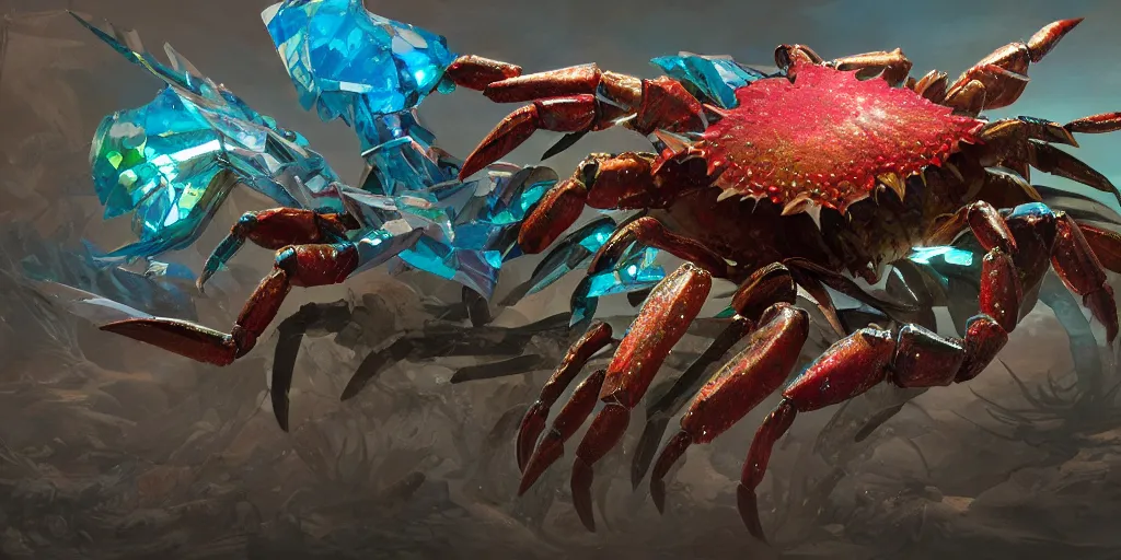 Prompt: Iridescent crab seamonster, character design sheet, Monster Hunter Illustrations art book, diamond sharp claws, huge arms, iridescent shards on its back, Moebius, Greg Rutkowski, Zabrocki, Karlkka, Jayison Devadas, Phuoc Quan, trending on Artstation, 8K, ultra wide angle, zenith view, pincushion lens effect.