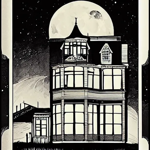 Prompt: seaside victorian building, night, moon in sky, heavy ink!!!!!!! mike mignola