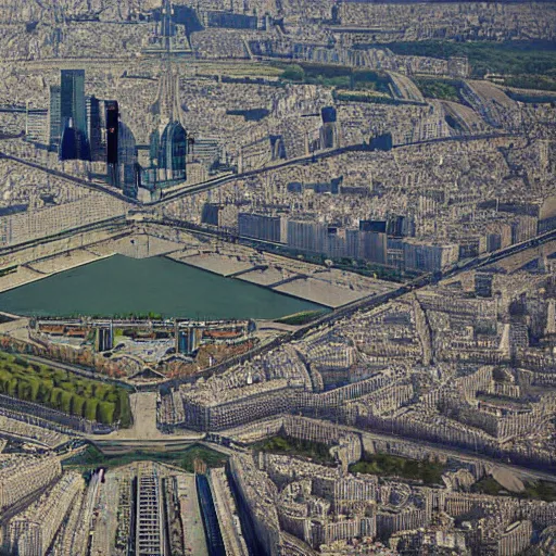 Prompt: Paris in 2050, photograph, bird eyes view