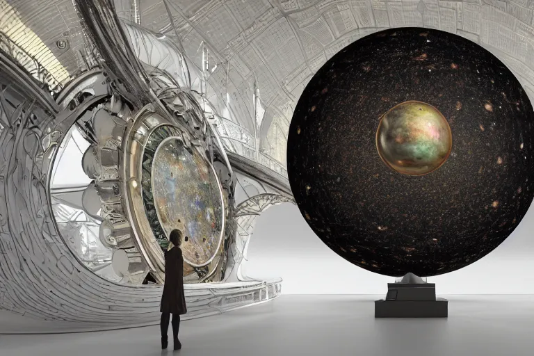 Prompt: ultrarealistic photograph establishing wide view shot, of stunning intriguing polished steampunk sculpture, a person looking at a huge orrery of a solar system in a large open gallery, photorealistic, ultrarealistic, octane render, by gustave dore, by h. r. giger, by alphonse mucha, octane render, cgi * in white gallery space.