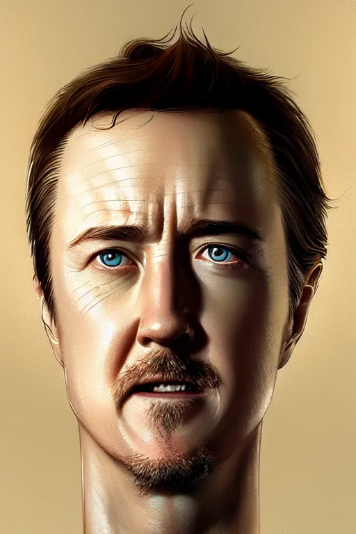 Image similar to edward norton face inside a boiled egg shell, hyper detailed, digital art, trending in artstation, cinematic lighting, studio quality, smooth render, art by greg rutkowski and artgerm