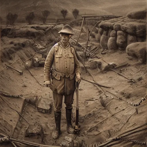 Prompt: ultra detailed photorealistic sepia - toned photograph from 1 9 1 7, a british officer in field gear standing at an archaeological dig site near petra jordan, ultra realistic, painted, intricate details, lovecraft, atmospheric, dark, horror, brooding, highly detailed, by angus mcbride