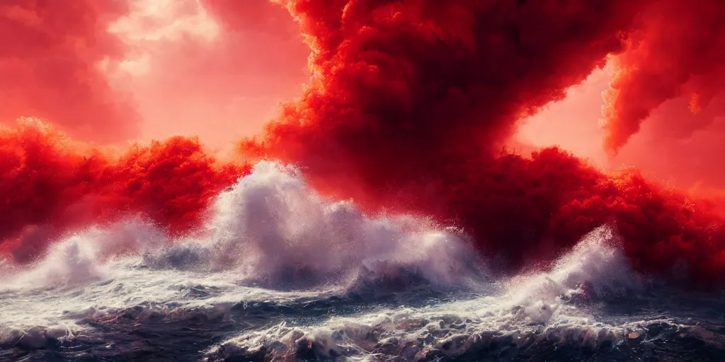 Prompt: a churning, boiling, flaming red sea with lots of smoky black and red steam, extremely detailed oil painting, unreal 5 render, rhads, Bruce Pennington, Studio Ghibli, tim hildebrandt, digital art, octane render, beautiful composition, trending on artstation, award-winning photograph, masterpiece