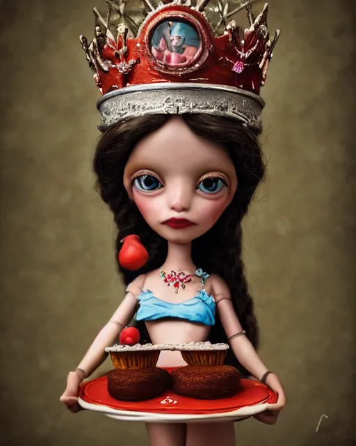 Image similar to closeup face profile portrait of a tin toy fairytale princess wearing a crown eating cakes, bikini, depth of field, zeiss lens, detailed, symmetrical, centered, fashion photoshoot by nicoletta ceccoli, mark ryden, lostfish, hyperrealistic, octane render