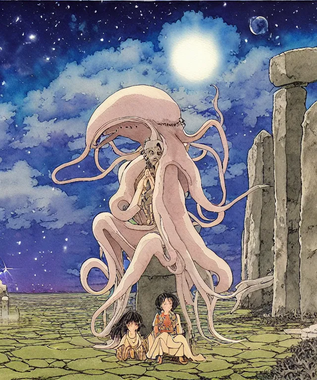 Prompt: a hyperrealist studio ghibli watercolor fantasy concept art. in the foreground is a giant long haired grey squid sitting in lotus position on top of stonehenge with shooting stars all over the sky in the background. by rebecca guay, michael kaluta, charles vess