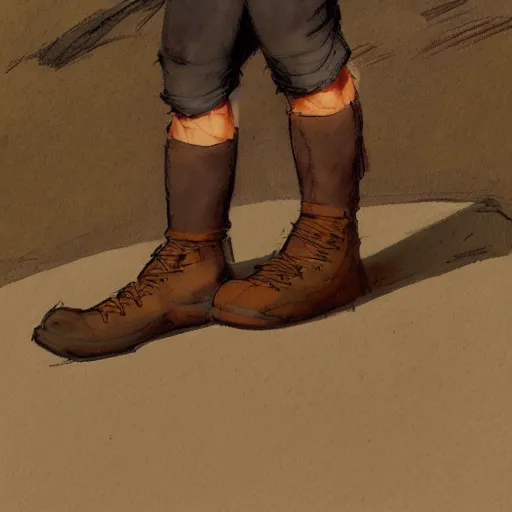 Prompt: a concept art of a well used brown leather boots for walking in the mountain, by Craig mullins, Steve Purcell, Ralph McQuarrie