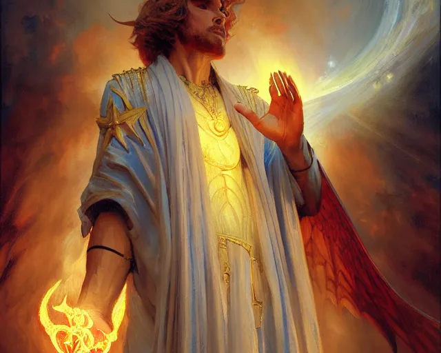 Image similar to attractive male deity, casting demonic magic, summoning handsome lucifer morning star. highly detailed painting by gaston bussiere, craig mullins, j. c. leyendecker 8 k