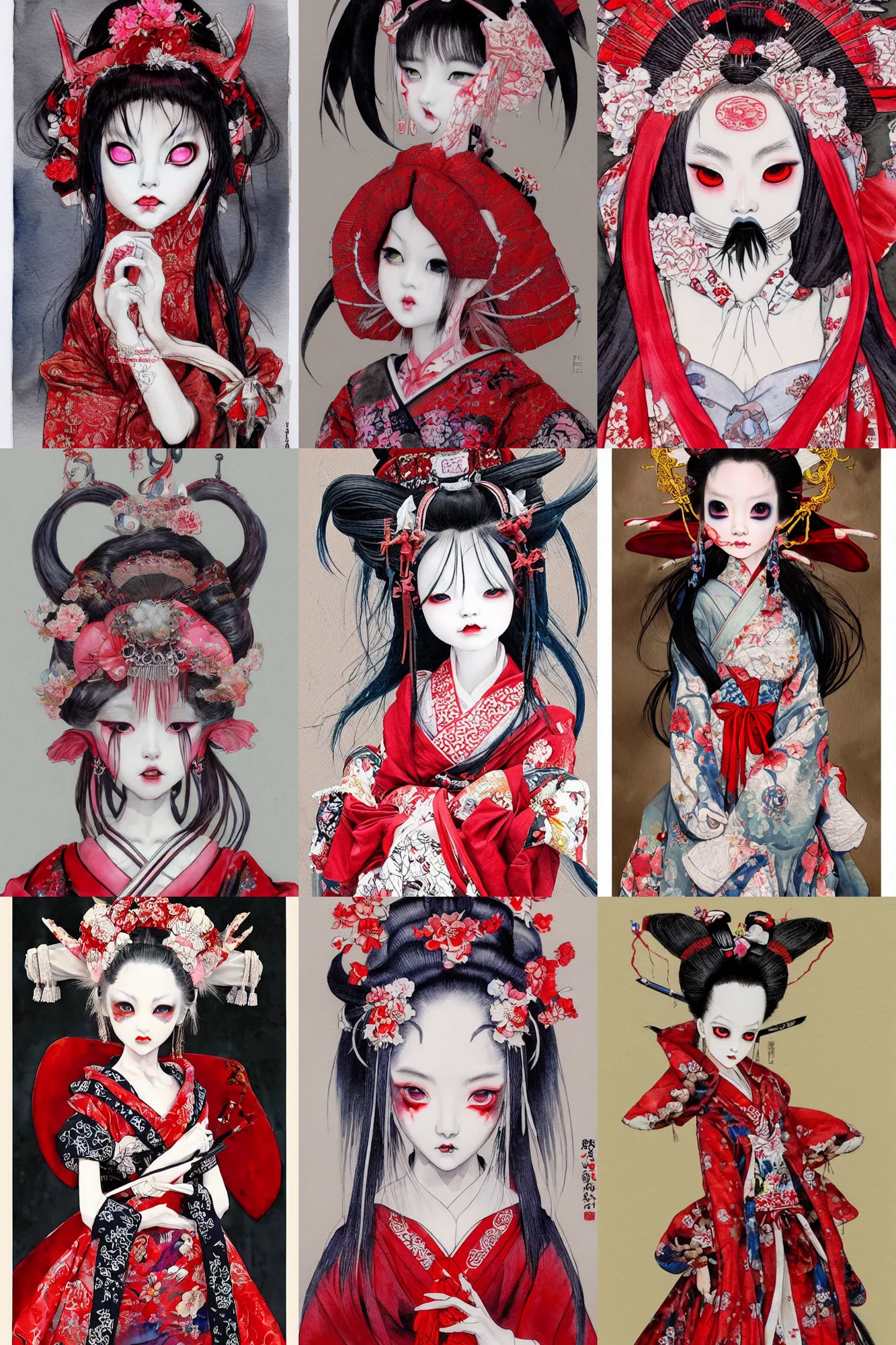 Prompt: watercolor painting of a japanese bjd geisha oni demon with a long neck in a victorian lolita fashion red dress in the style of dark - fantasy painted by yoshitaka amano, ayami kojima, ayami kojima, dmt art, symmetrical vogue face portrait, intricate detail, artstation, cgsociety, artgerm, rococo