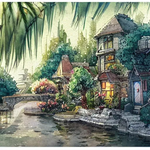 Image similar to Beautiful happy picturesque charming sci-fi town in harmony with nature. Beautiful light. Water and plants. Nice colour scheme, soft warm colour. Beautiful detailed artistic watercolor by Vincent. (2060)