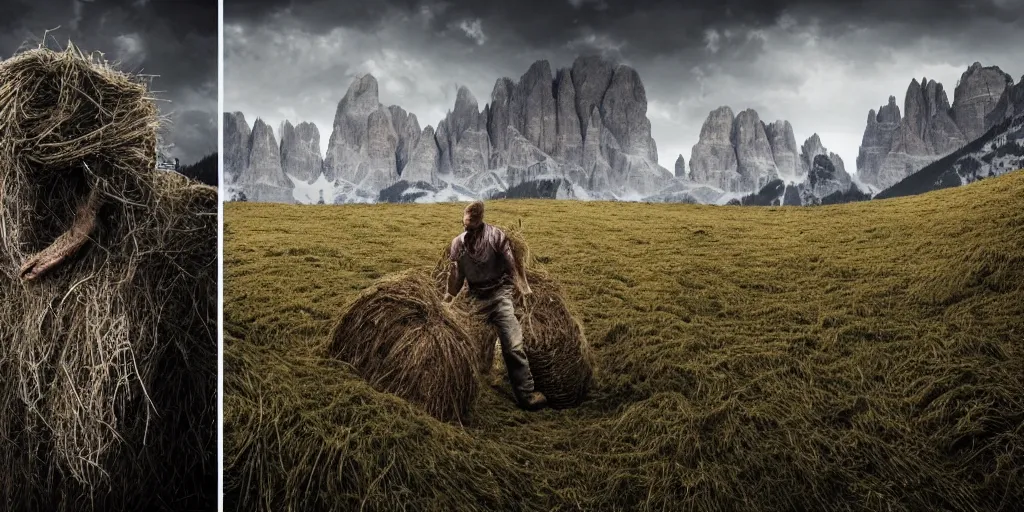 Prompt: alpine farmer transforming into hay monsters ,roots and hay coat, dolomites in background, dark, eerie, despair, portrait photography, artstation, highly detailed, sharp focus, by cronneberg