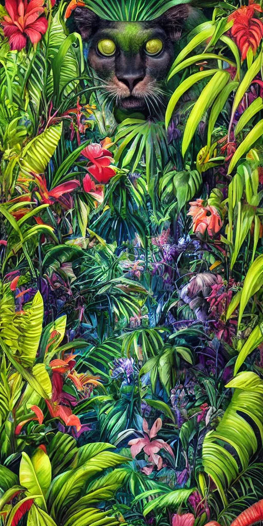 Image similar to deep in the jungle with exotic plant life, colorful tropical plants, natural botanical gardens, vines along the jungle floor, a panthers eyes staring at the camera, acrylic painting by hannah yata, artstation, concept art, award winning,