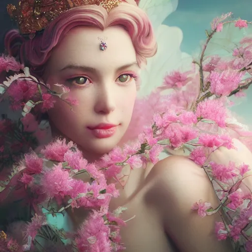 Image similar to expressive full body photo of sophia lauren as beautiful angel, smooth glowing skin, ornate headpiece made from pink flowers, glamour shot, by yoshitaka amano, by greg rutkowski, by jeremyg lipkinng, by artgerm, octane render, unreal engine, photorealistic, canon r 3, fashion photography