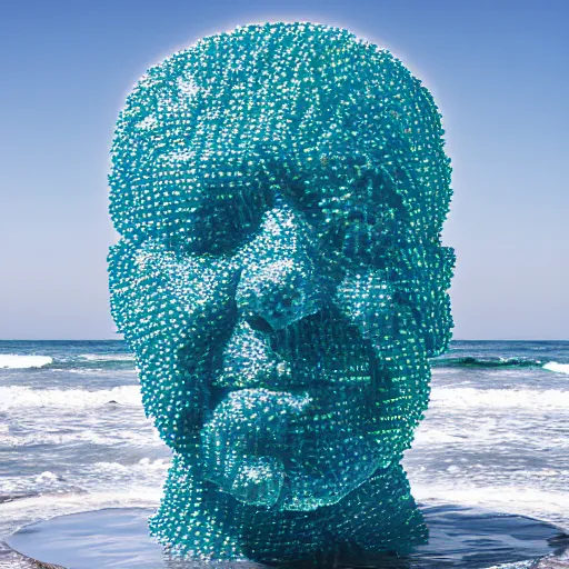 Image similar to a human head sculpture made out of thousands small gummy bears placed on the surface of the ocean, giant sculpture, in the style of chad knight, long shot, hyper detailed, hyper realistic, ray tracing, 8 k resolution, sharp focus, realistic water, award winning