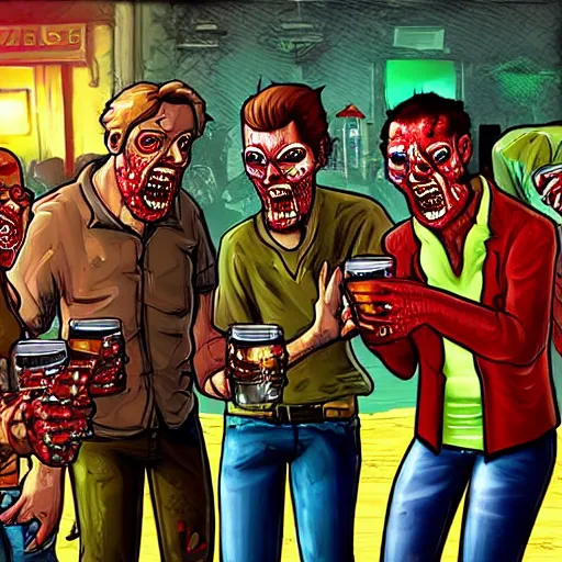 Prompt: zombies drinking at a pub