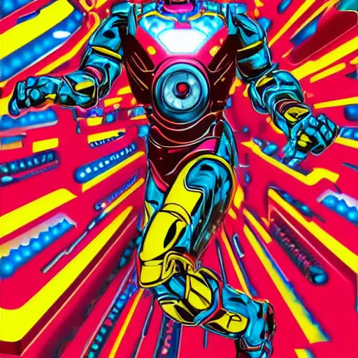 Image similar to artgerm, psychedelic laughing cybertronic ironman, rocking out, headphones dj rave, digital artwork, r. crumb, svg vector