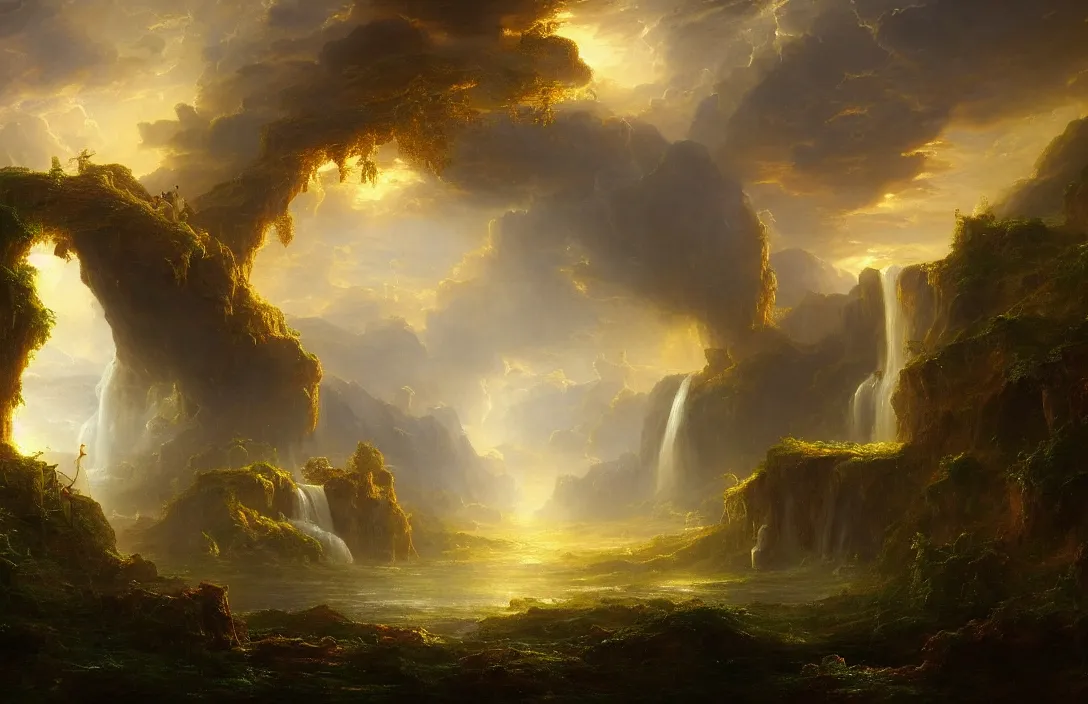 Prompt: a huge arc far away in a thomas cole inspired landscape, detailed dreamscape, hyperreal phantastic landscape, intricate details in environment, golden ratio, high aestehtic, waterfall cascades, cinematic light dramatic light, lightrays, trending on artstation