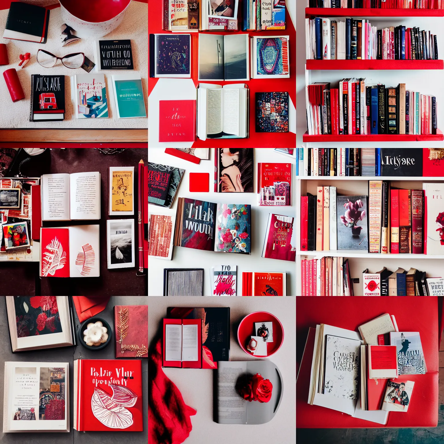 Prompt: flatlay book collection, vivid colors, dramatic lighting, red and white