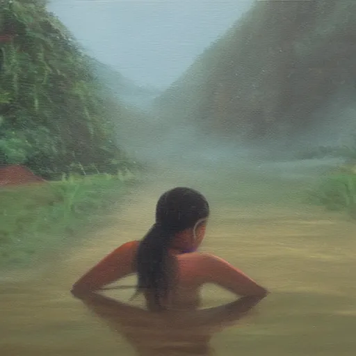Prompt: oil painting of nepali village girl in her 2 0 s, bathing in a river, early foggy morning