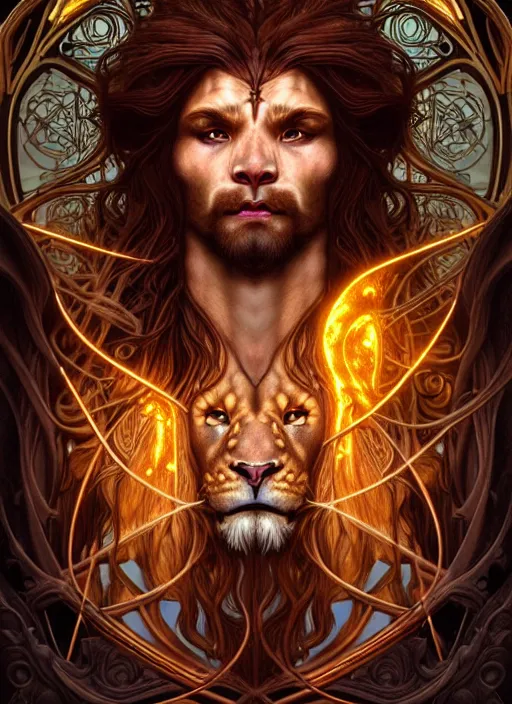 Image similar to portrait of demigod hercules, long wavy auburn hair, lion head, glowing eyes, volumetric lights, forest, art nouveau botanicals, gothic, intricate, highly detailed, digital painting, artstation, concept art, smooth, sharp focus, symmetric face, illustration, steampunk, art by artgerm and greg rutkowski and alphonse mucha